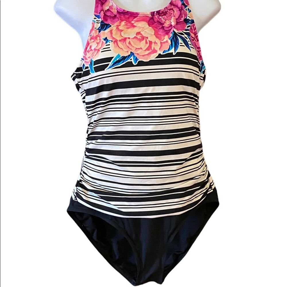 Jantzen ladies size 12 floral and black and white striped one piece swimsuit